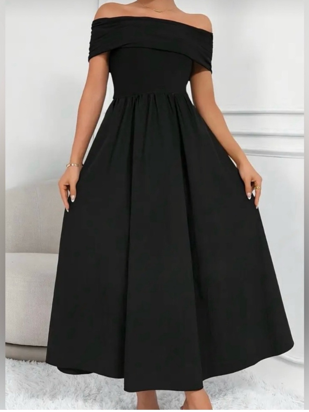Off-Shoulder Black Midi Dress